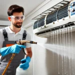 Fixflow professional technician performing normal AC cleaning and jet wash service
