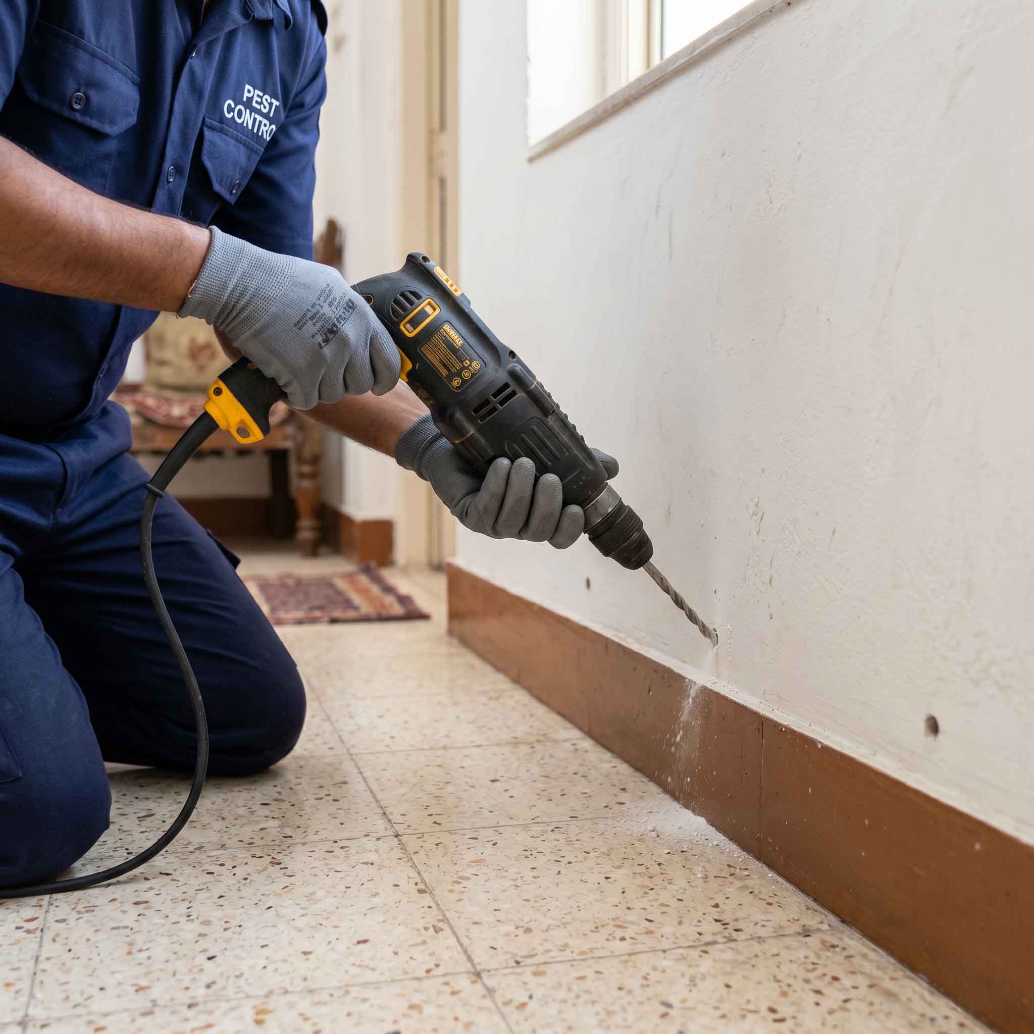 Fixflow technician drilling wall skirting for post construction anti termite treatment in Delhi NCR