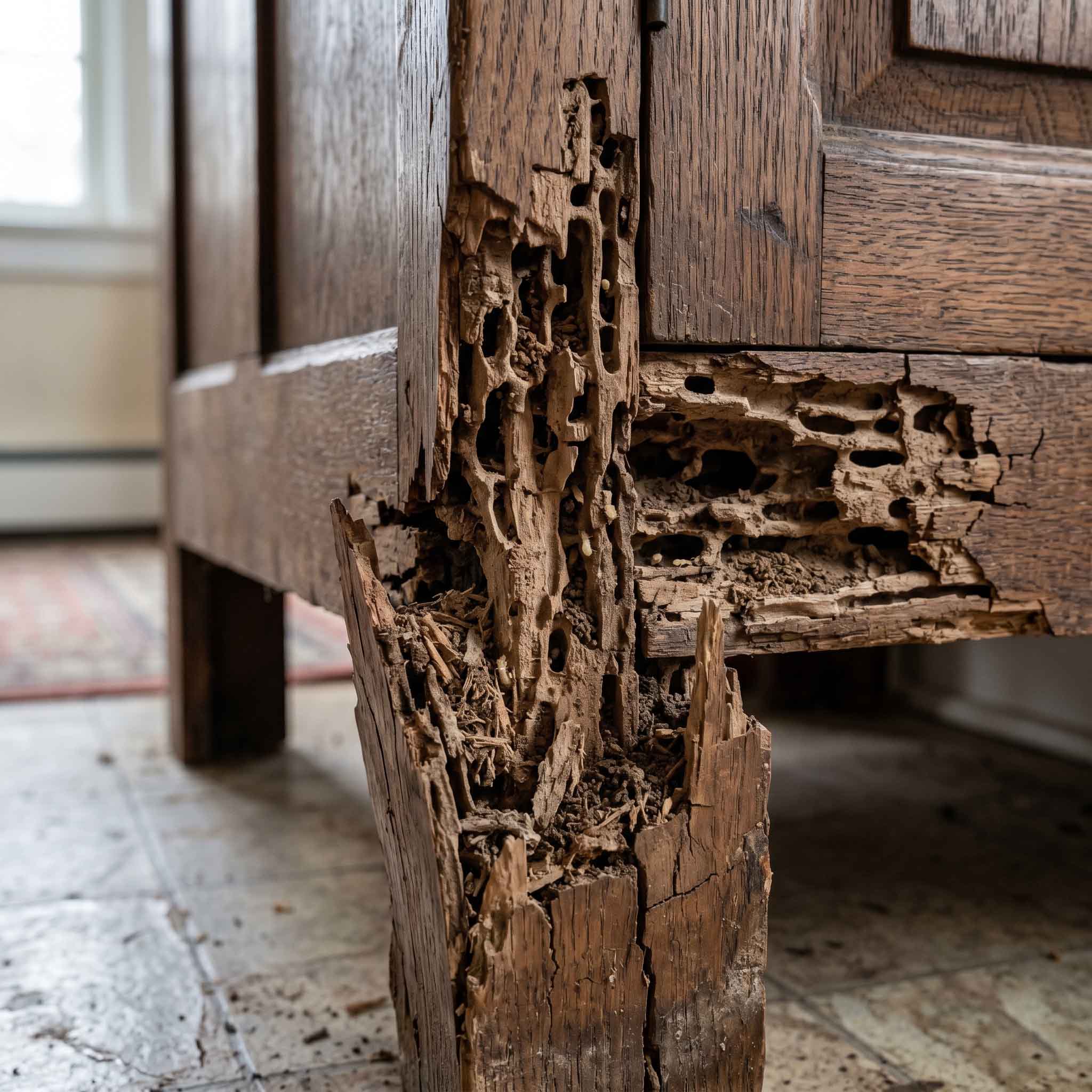 Severe termite damage in wooden furniture and cabinets showing hollow wood