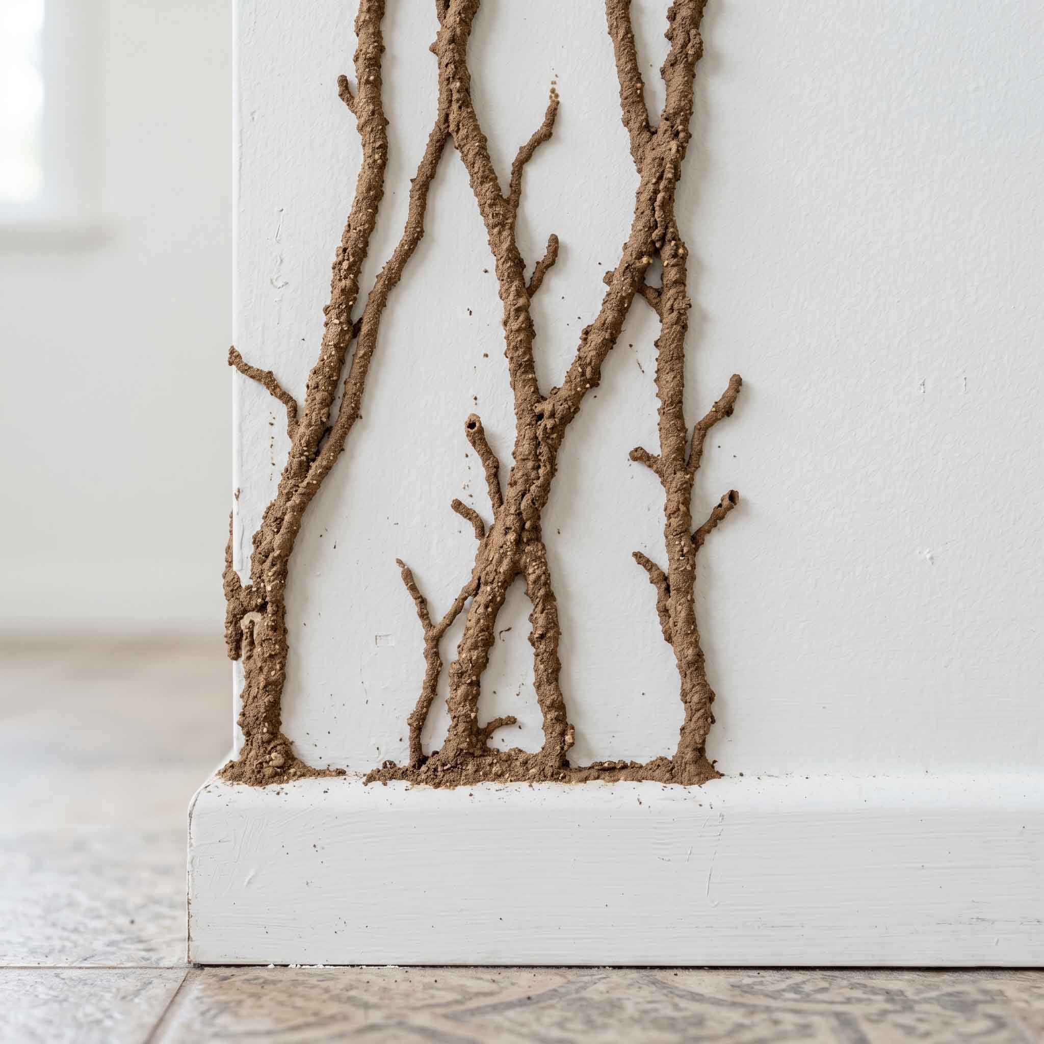 Termite mud tubes and soil tunnels on wall showing active infestation